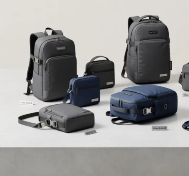 Różne modele plecaków i toreb Urban Pack IO ustawione obok siebie