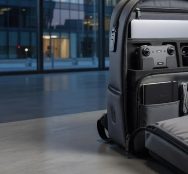 Wnętrze smart plecaka Urban Pack IO z uporządkowanymi przegródkami na elektronikę i akcesoria