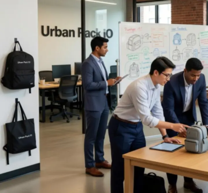 Zespół Urban Pack IO pracujący nad projektami plecaków w nowoczesnym, miejskim biurze