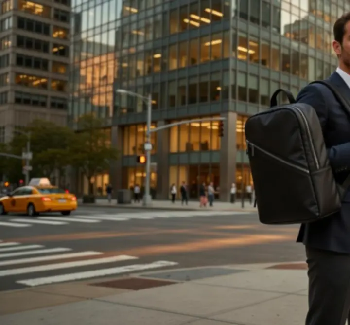 Plecak Urban Pack IO w miejskiej przestrzeni noszony przez użytkownika